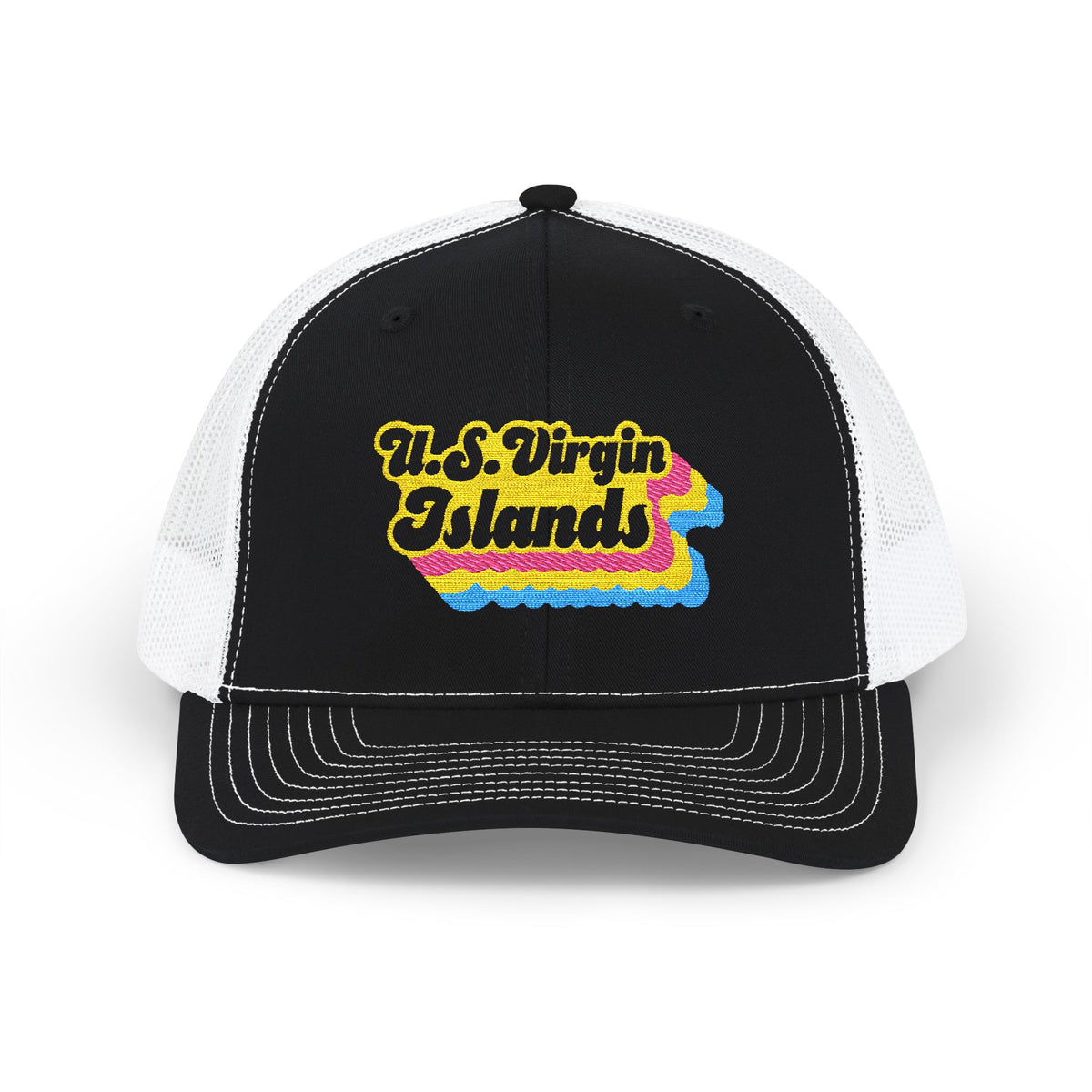 U.S. Virgin Islands Pansexual Pride Stack Embroidered Trucker, Snapback Trucker Cap, Black front with White mesh in back