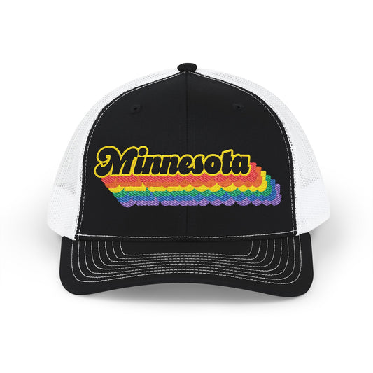 Minnesota Retro Rainbow Stack Embroidered Trucker, Snapback Trucker Cap, Black front with White mesh in back