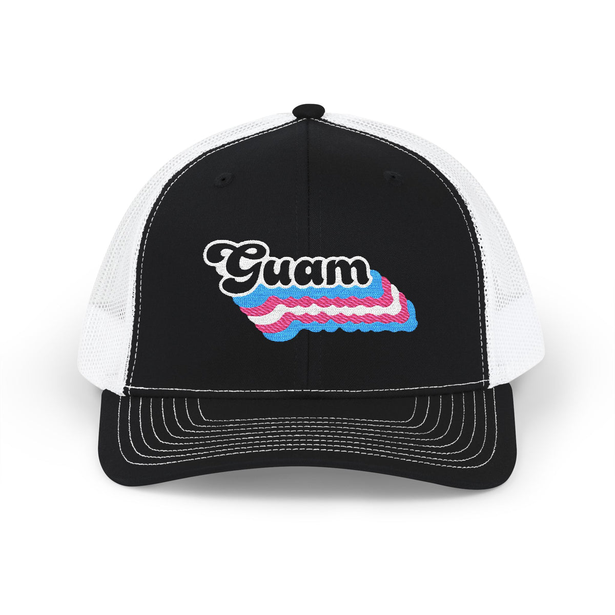 Guam Transgender Pride Stack Embroidered Trucker, Snapback Trucker Cap, Black front with White mesh in back