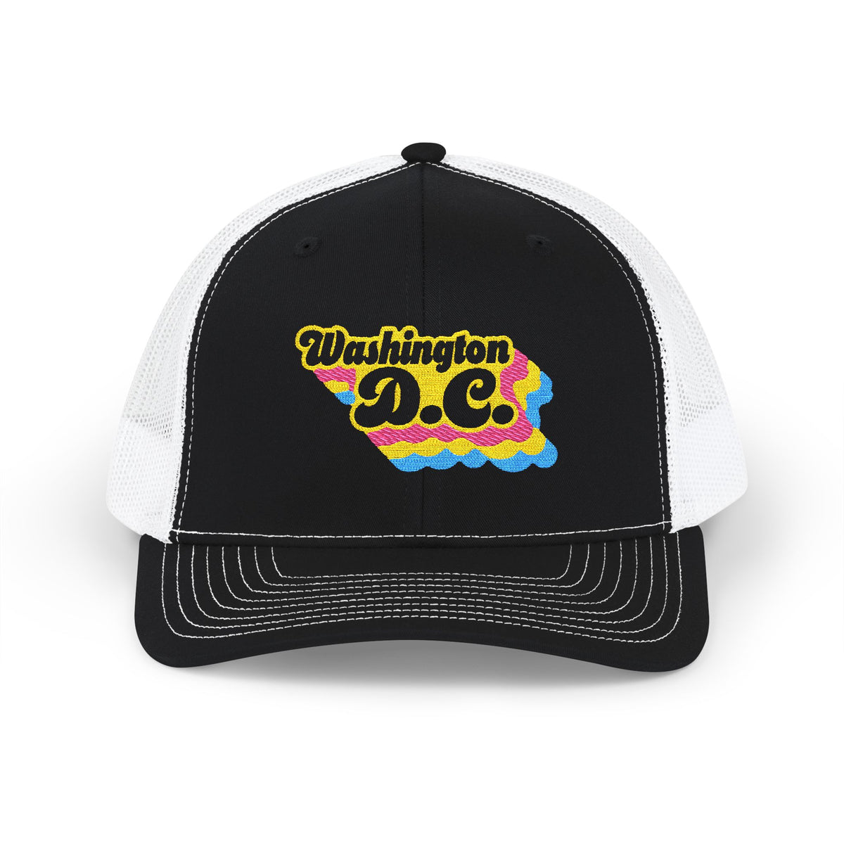 Washington, D.C. Pansexual Pride Stack Embroidered Trucker, Snapback Trucker Cap, Black front with White mesh in back
