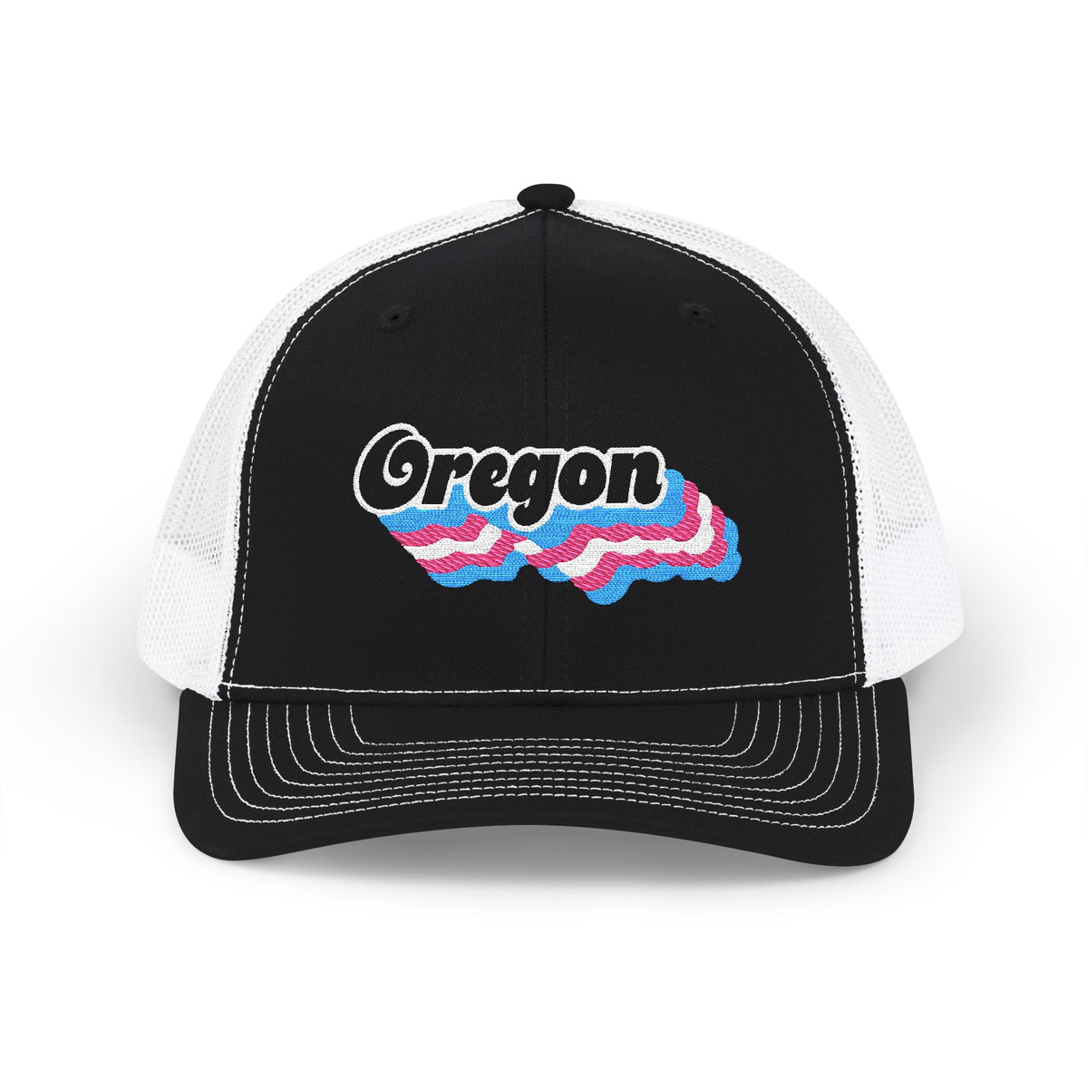 Oregon Transgender Pride Stack Embroidered Trucker, Snapback Trucker Cap, Black front with White mesh in back