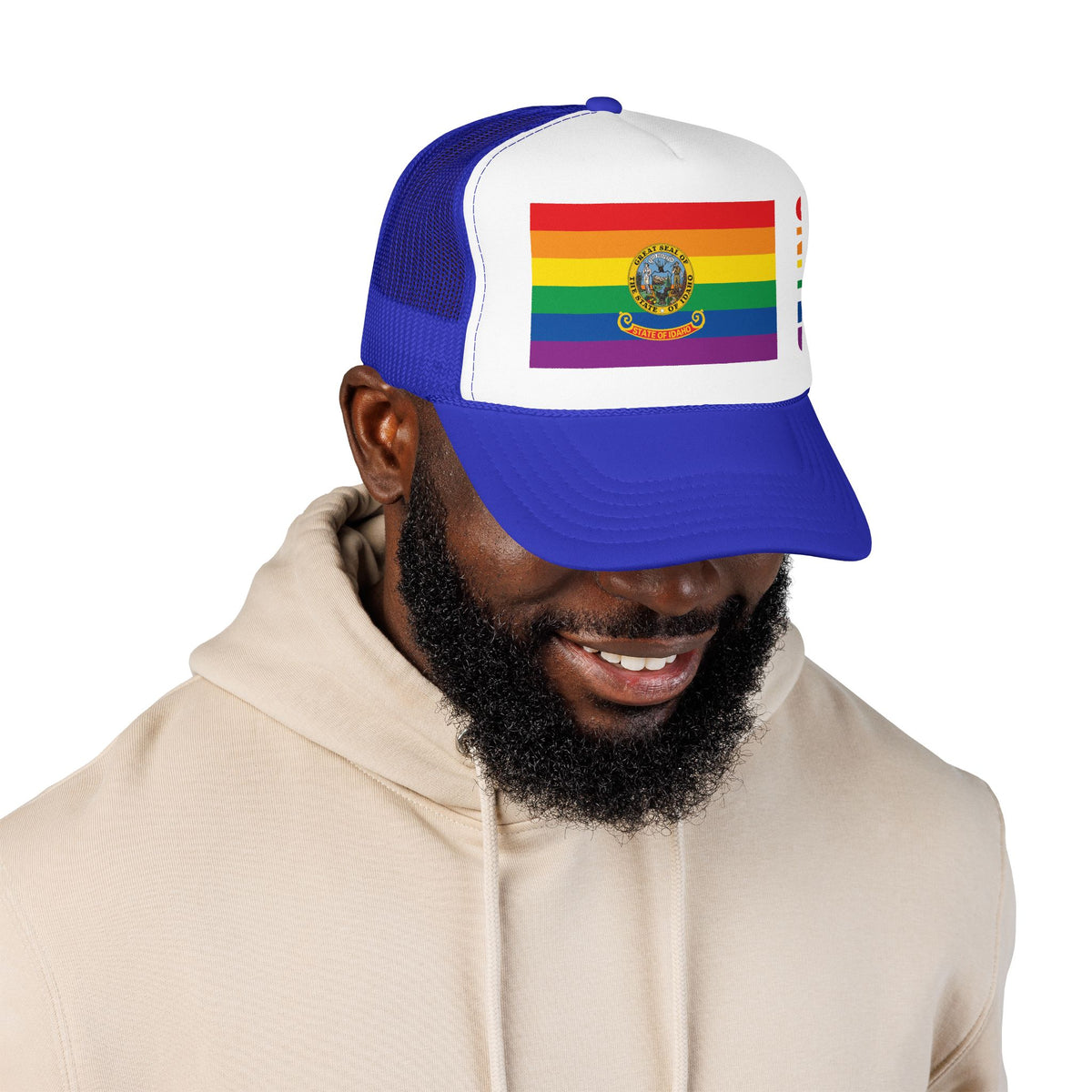 Idaho Rainbow Pride Flag "UNITED" Printed Foam Trucker Hat, Several Color Options