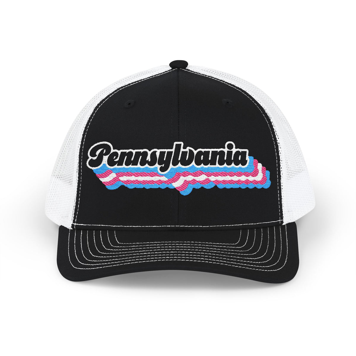 Pennsylvania Transgender Pride Stack Embroidered Trucker, Snapback Trucker Cap, Black front with White mesh in back