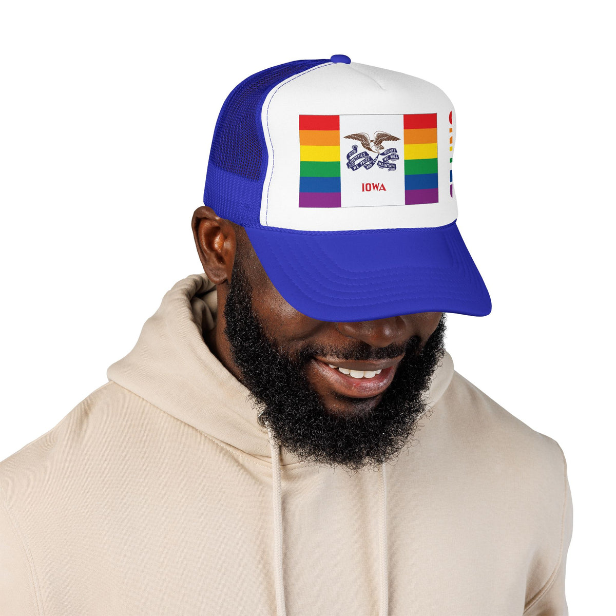 Iowa Rainbow Pride Flag "UNITED" Printed Foam Trucker Hat, Several Color Options