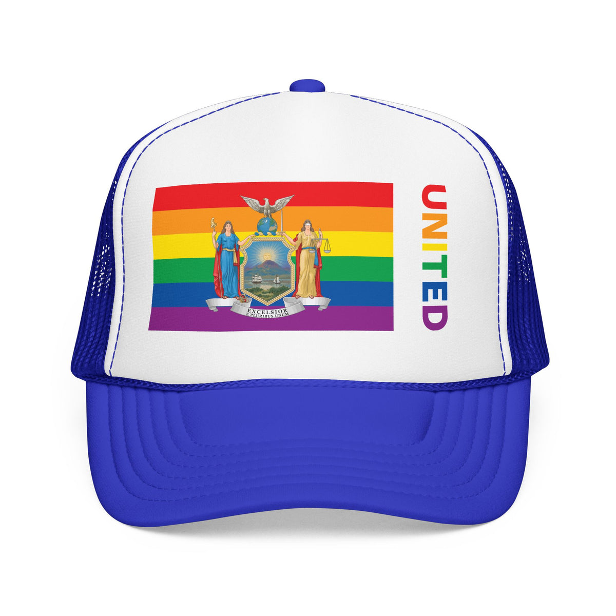 New York Rainbow Pride Flag "UNITED" Printed Foam Trucker Hat, Several Color Options