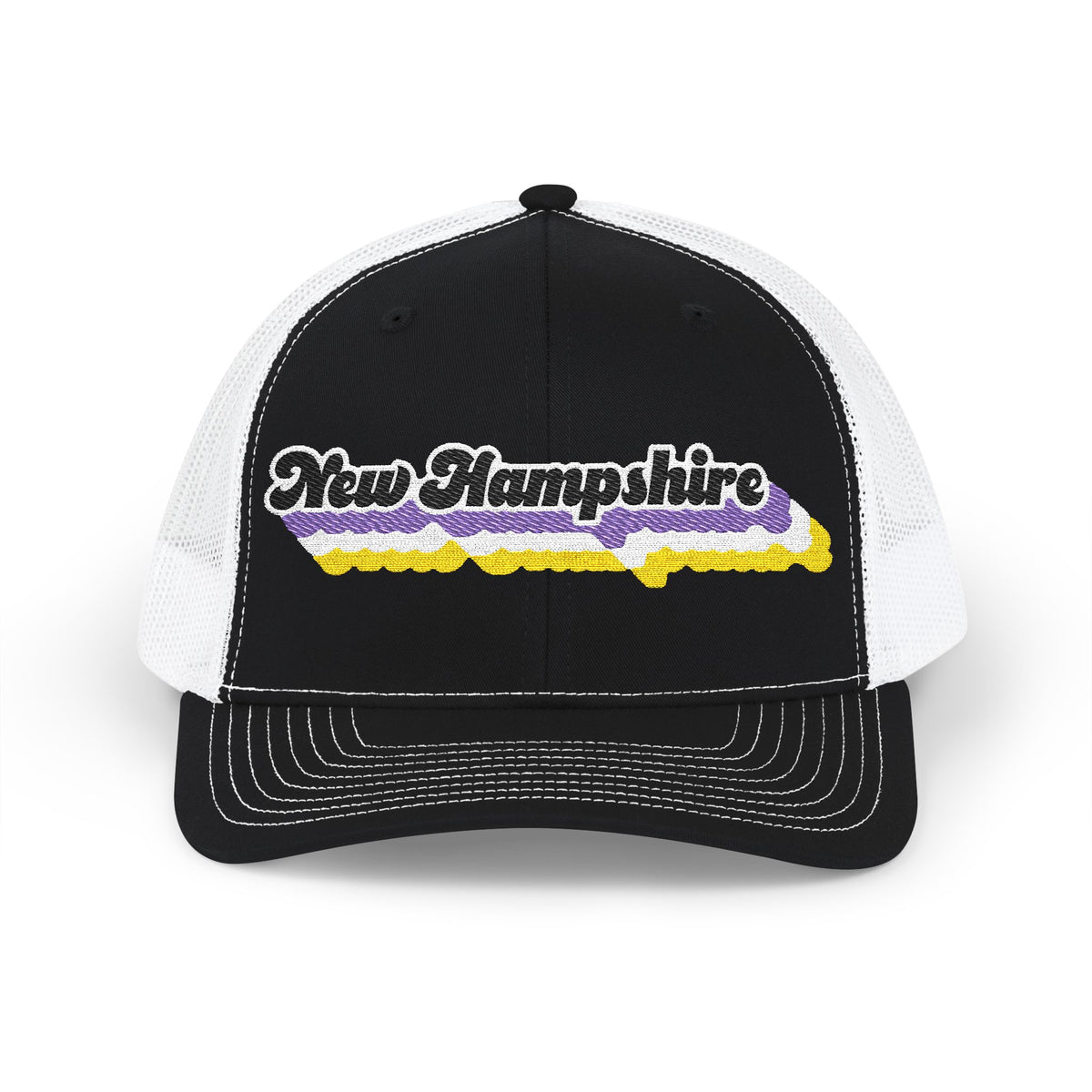 New Hampshire Non-binary Pride Stack Embroidered Trucker, Snapback Trucker Cap, Black front with White mesh in back