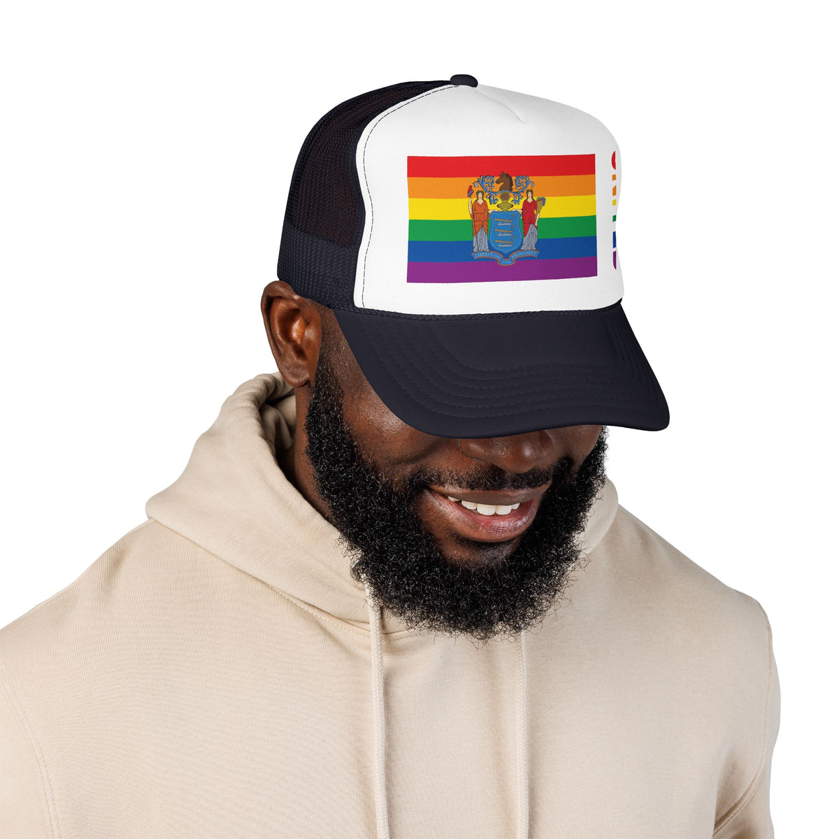 New Jersey Rainbow Pride Flag "UNITED" Printed Foam Trucker Hat, Several Color Options