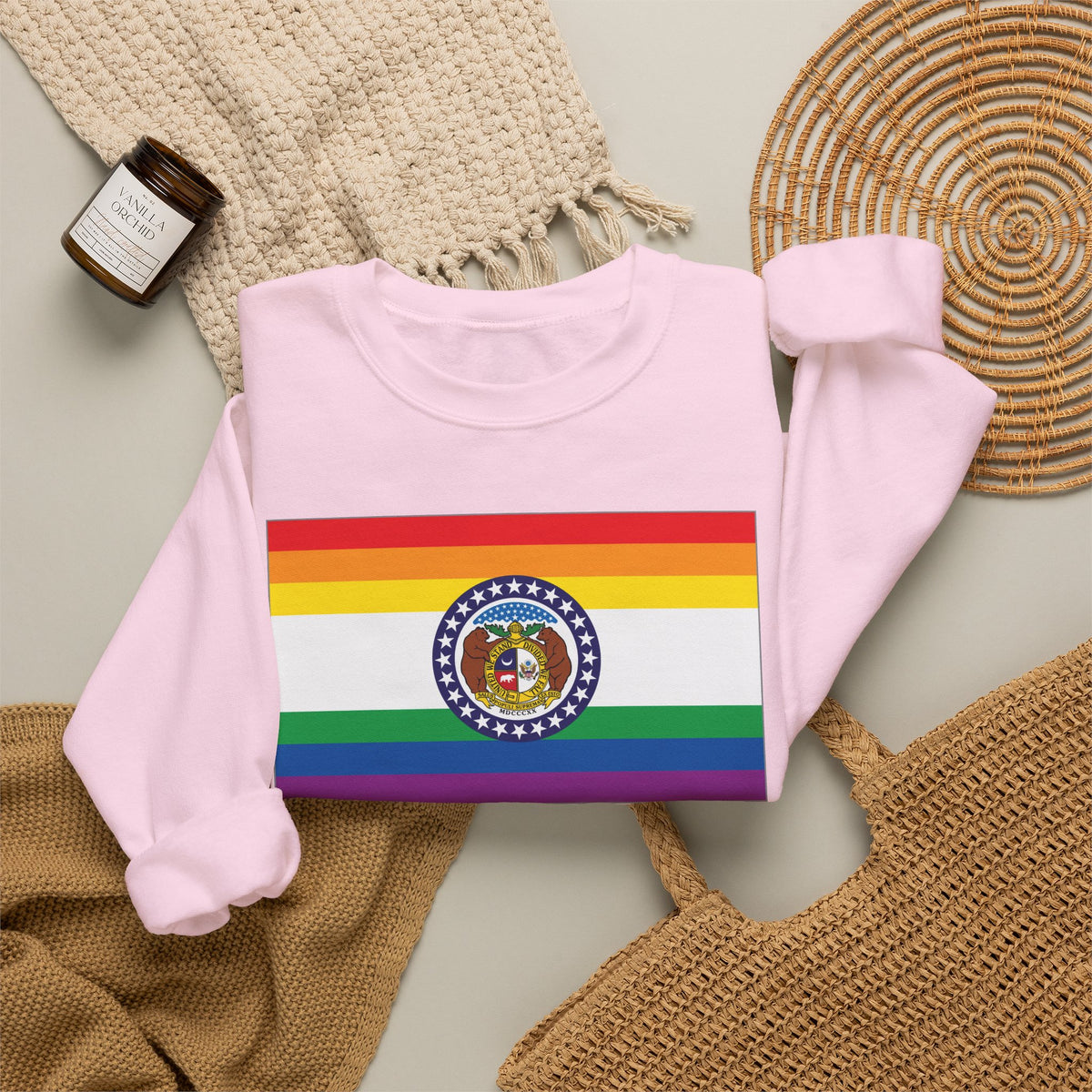 Missouri Rainbow Pride Flag Unisex Crewneck Sweatshirt, White, Black or Light Pink