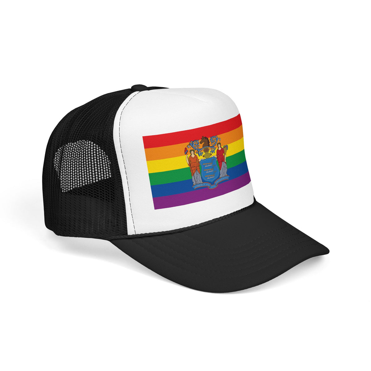 New Jersey Rainbow Pride Flag "UNITED" Printed Foam Trucker Hat, Several Color Options