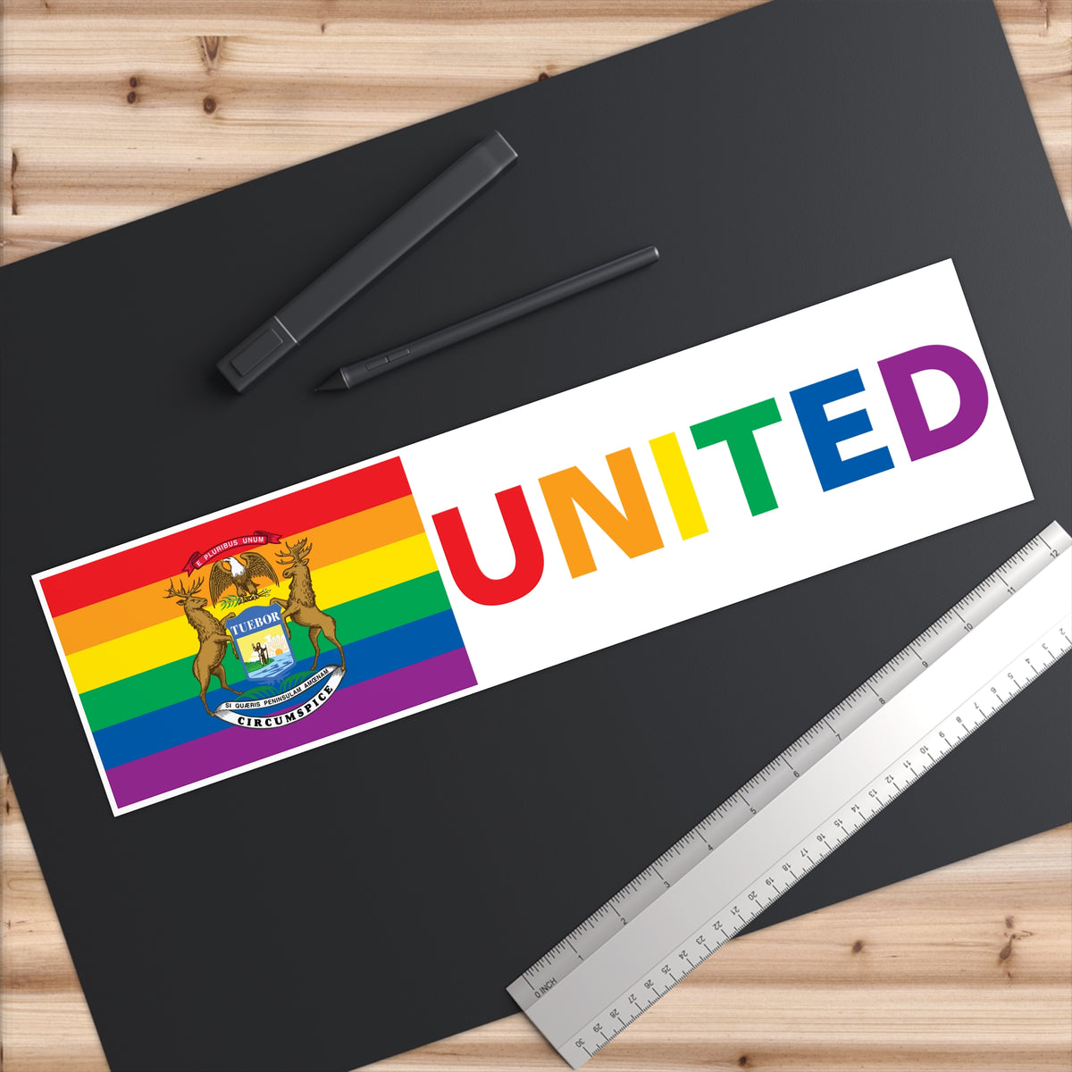 Michigan Rainbow Pride Flag "UNITED" Bumper Sticker