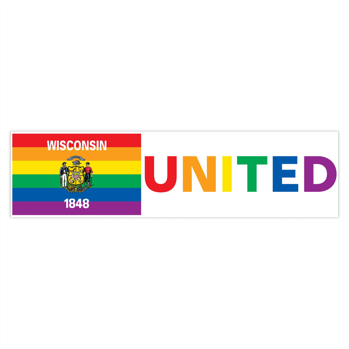 Wisconsin Rainbow Pride Flag "UNITED" Bumper Sticker