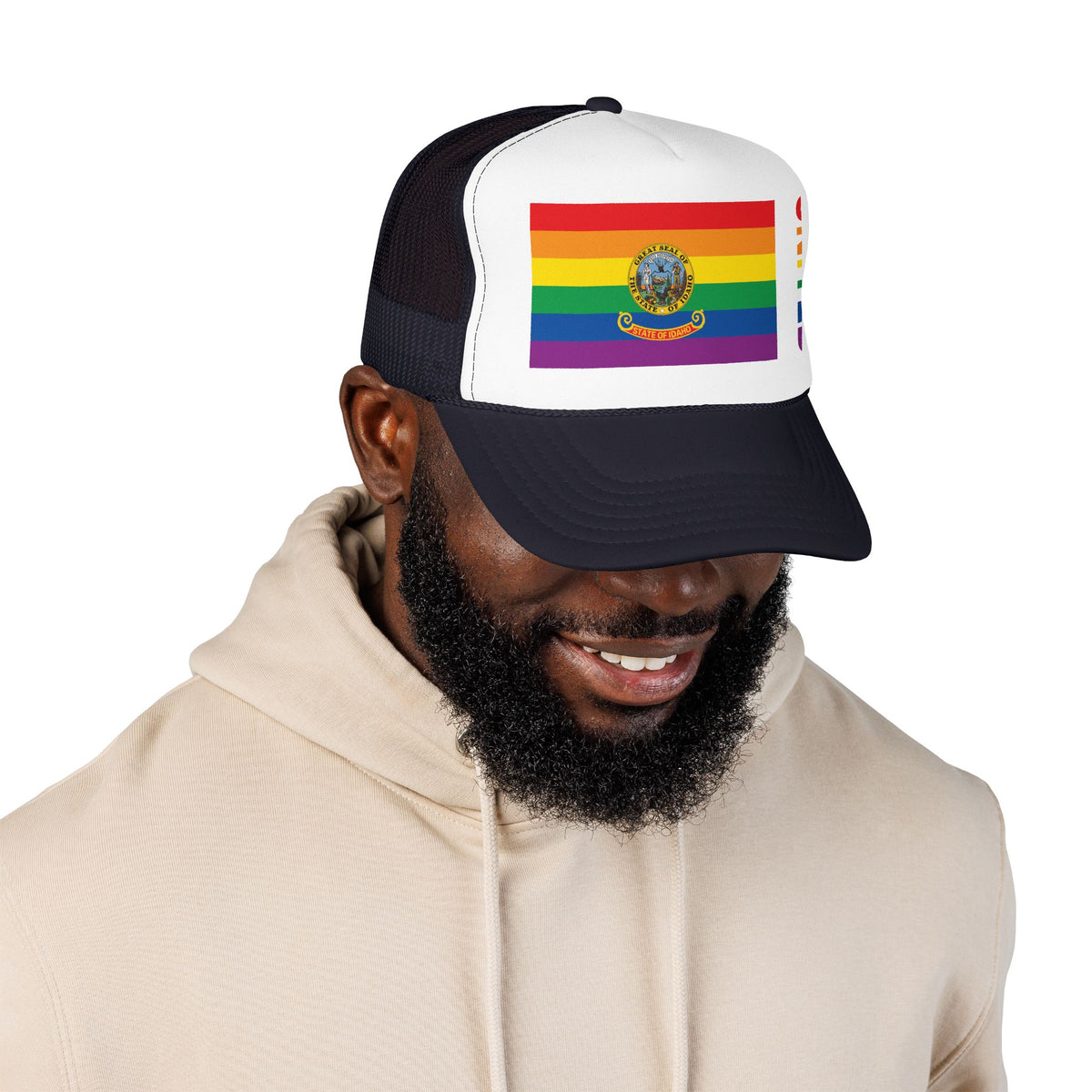 Idaho Rainbow Pride Flag "UNITED" Printed Foam Trucker Hat, Several Color Options