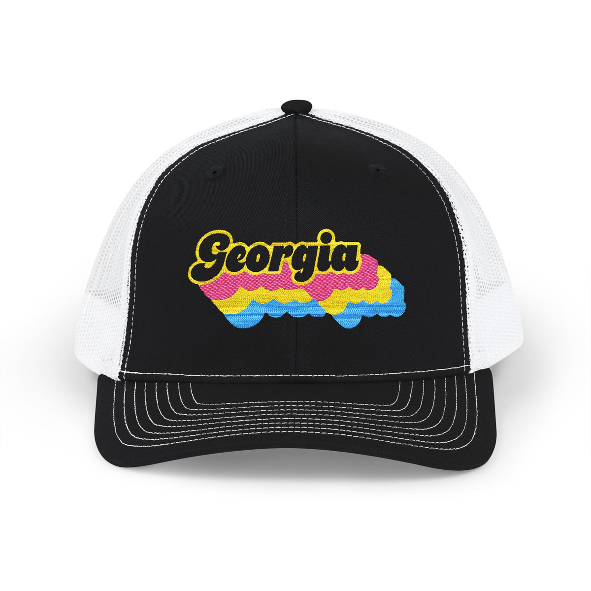 Georgia Pansexual Pride Stack Embroidered Trucker, Snapback Trucker Cap, Black front with White mesh in back
