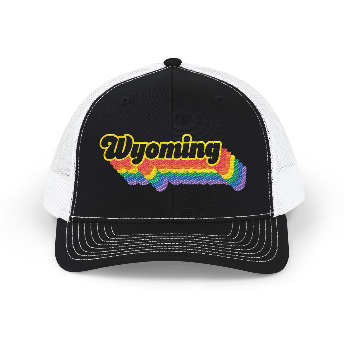 Wyoming Retro Rainbow Stack Embroidered Trucker, Snapback Trucker Cap, Black front with White mesh in back