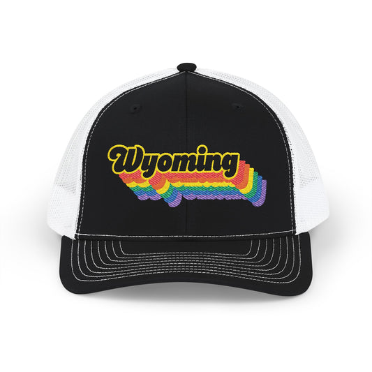 Wyoming Retro Rainbow Stack Embroidered Trucker, Snapback Trucker Cap, Black front with White mesh in back