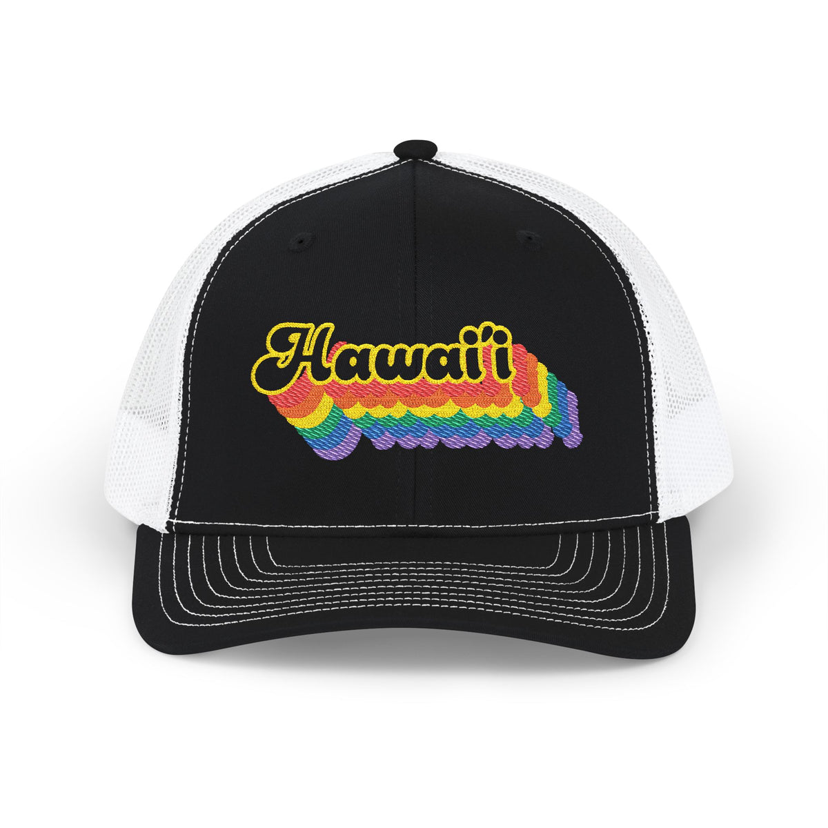 Hawai'i Retro Rainbow Stack Embroidered Trucker, Snapback Trucker Cap, Black front with White mesh in back