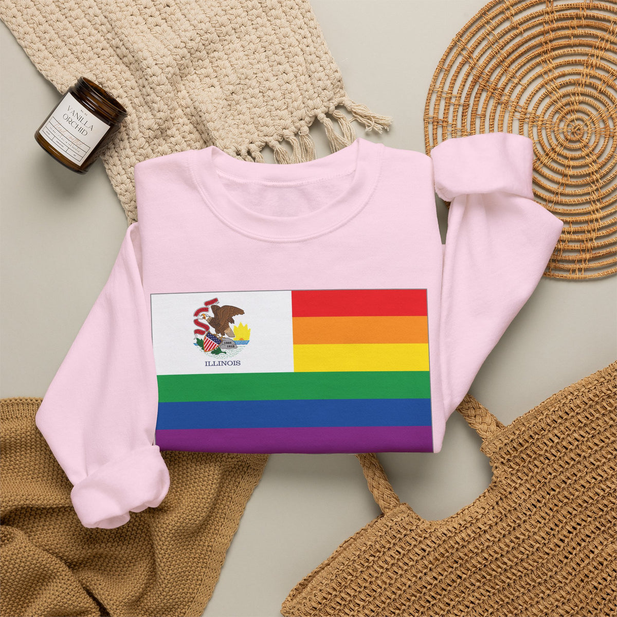 Illinois Rainbow Pride Flag Unisex Crewneck Sweatshirt, White, Black or Light Pink