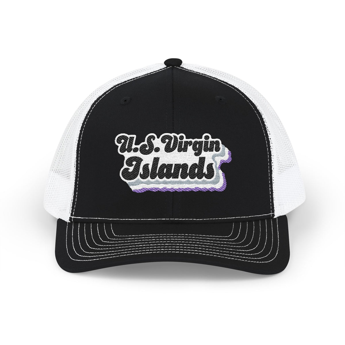 U.S. Virgin Islands Asexual Pride Stack Embroidered Trucker, Snapback Trucker Cap, Black front with White mesh in back