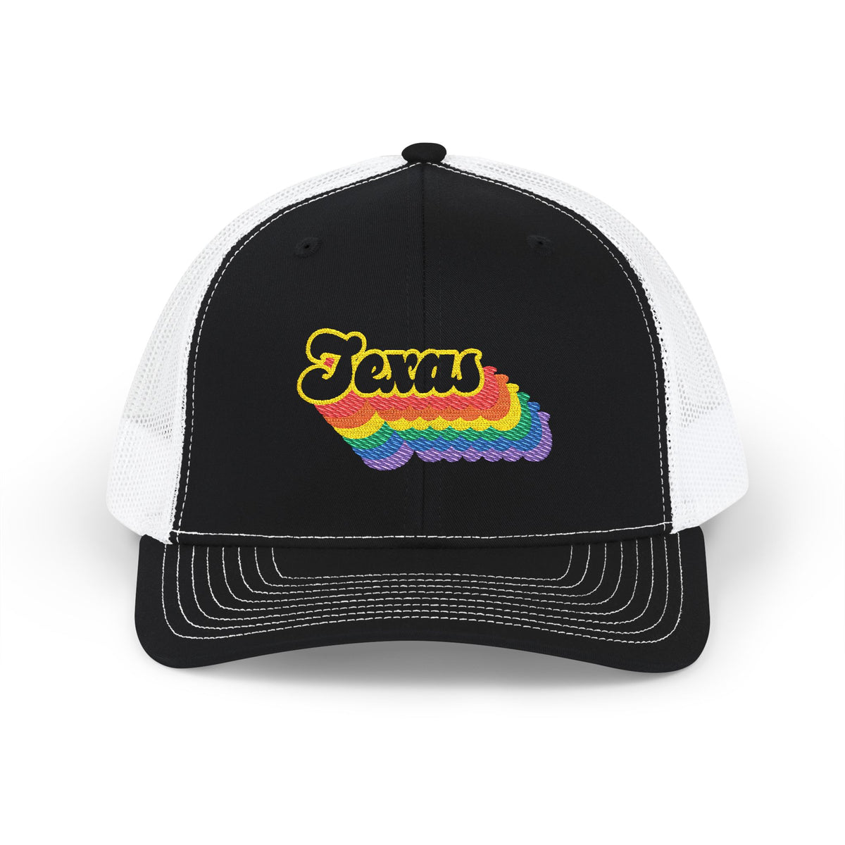 Texas Retro Rainbow Stack Embroidered Trucker, Snapback Trucker Cap, Black front with White mesh in back