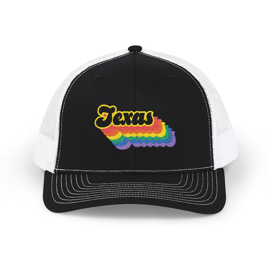 Texas Retro Rainbow Stack Embroidered Trucker, Snapback Trucker Cap, Black front with White mesh in back