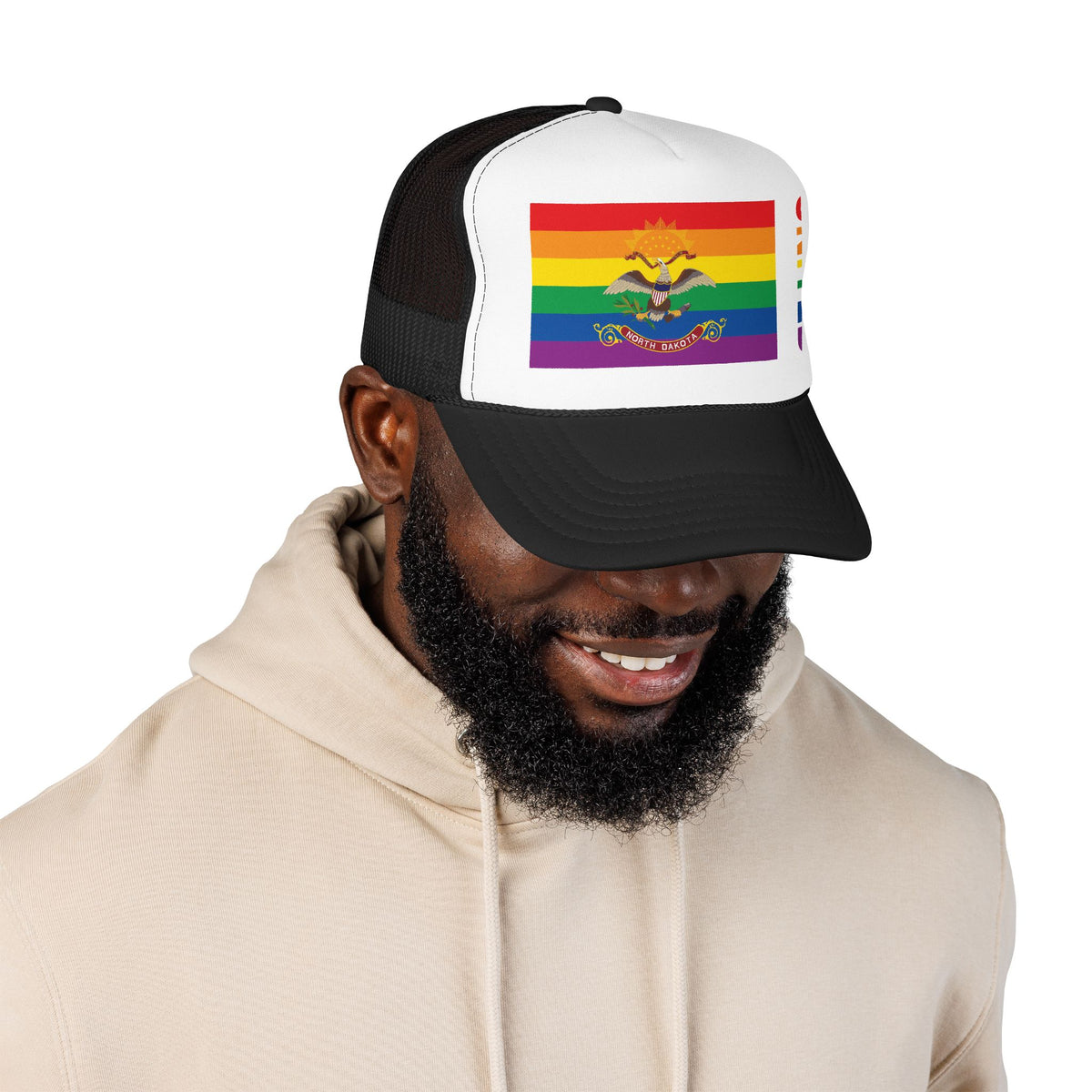 North Dakota Rainbow Pride Flag "UNITED" Printed Foam Trucker Hat, Several Color Options