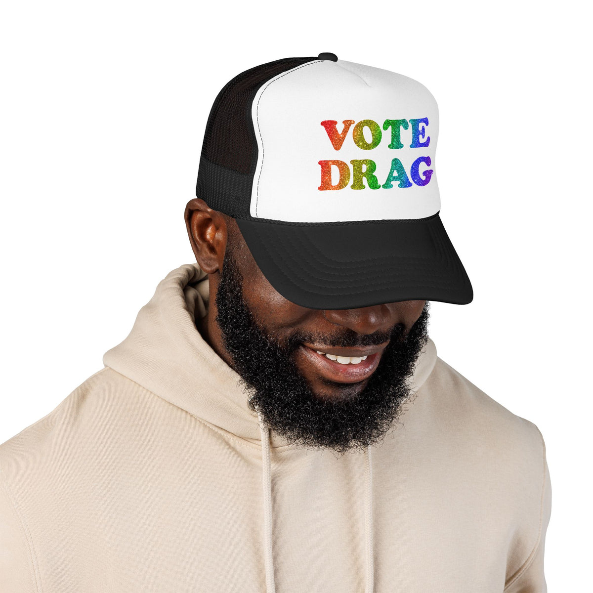 VOTE DRAG Trucker Cap: Rainbow Glitter, Drag Visibility & Creative Freedom Statement Hat