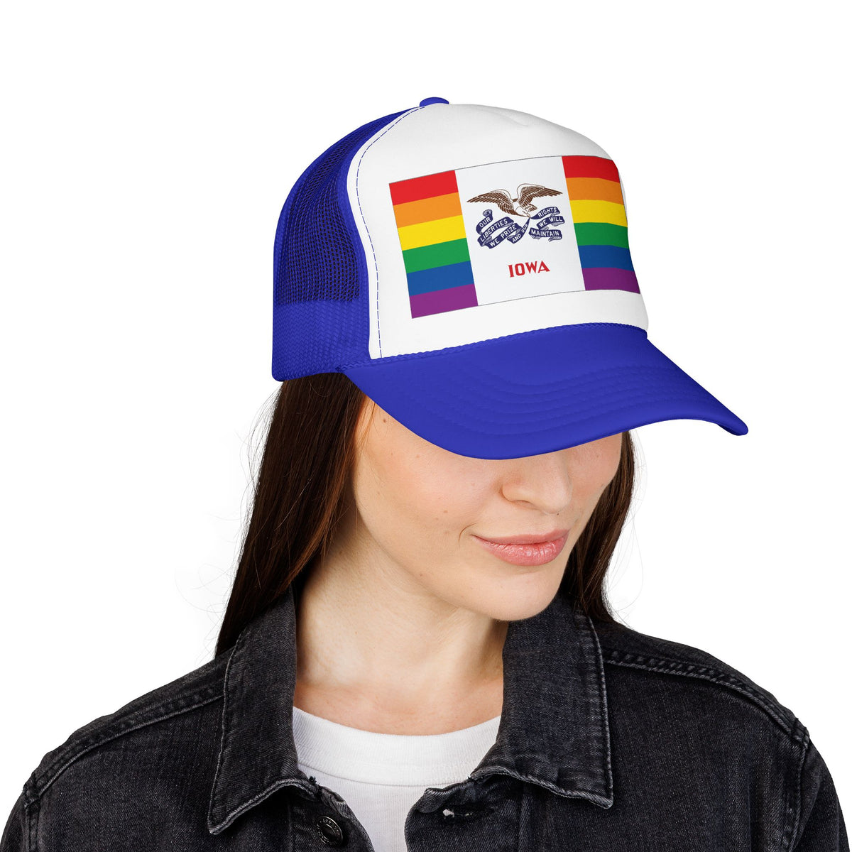 Iowa Rainbow Pride Flag "UNITED" Printed Foam Trucker Hat, Several Color Options