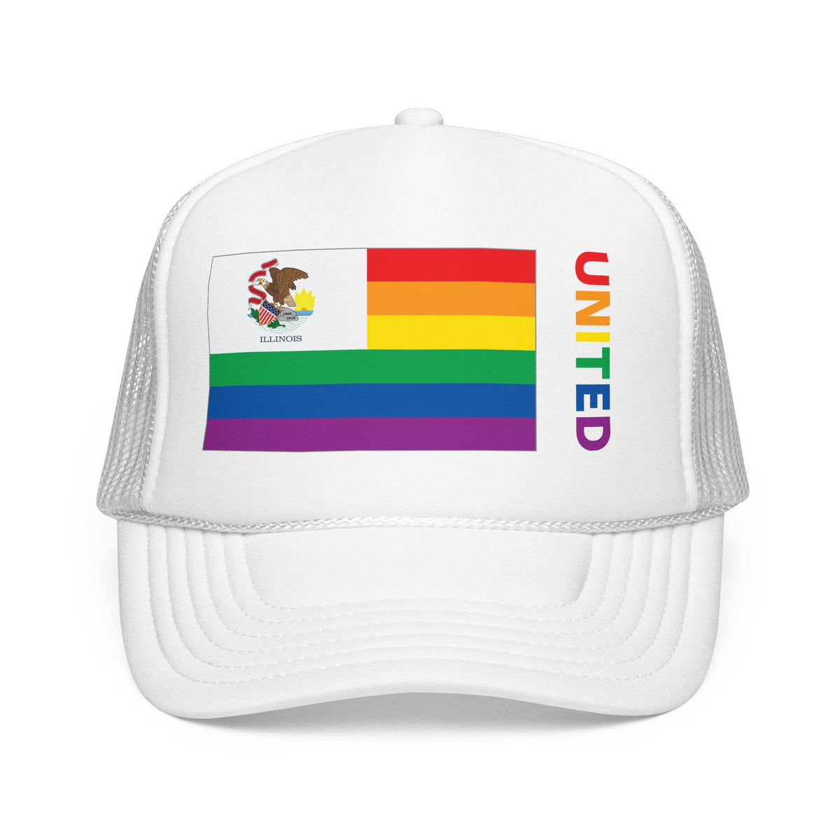 Illinois Rainbow Pride Flag "UNITED" Printed Foam Trucker Hat, Several Color Options