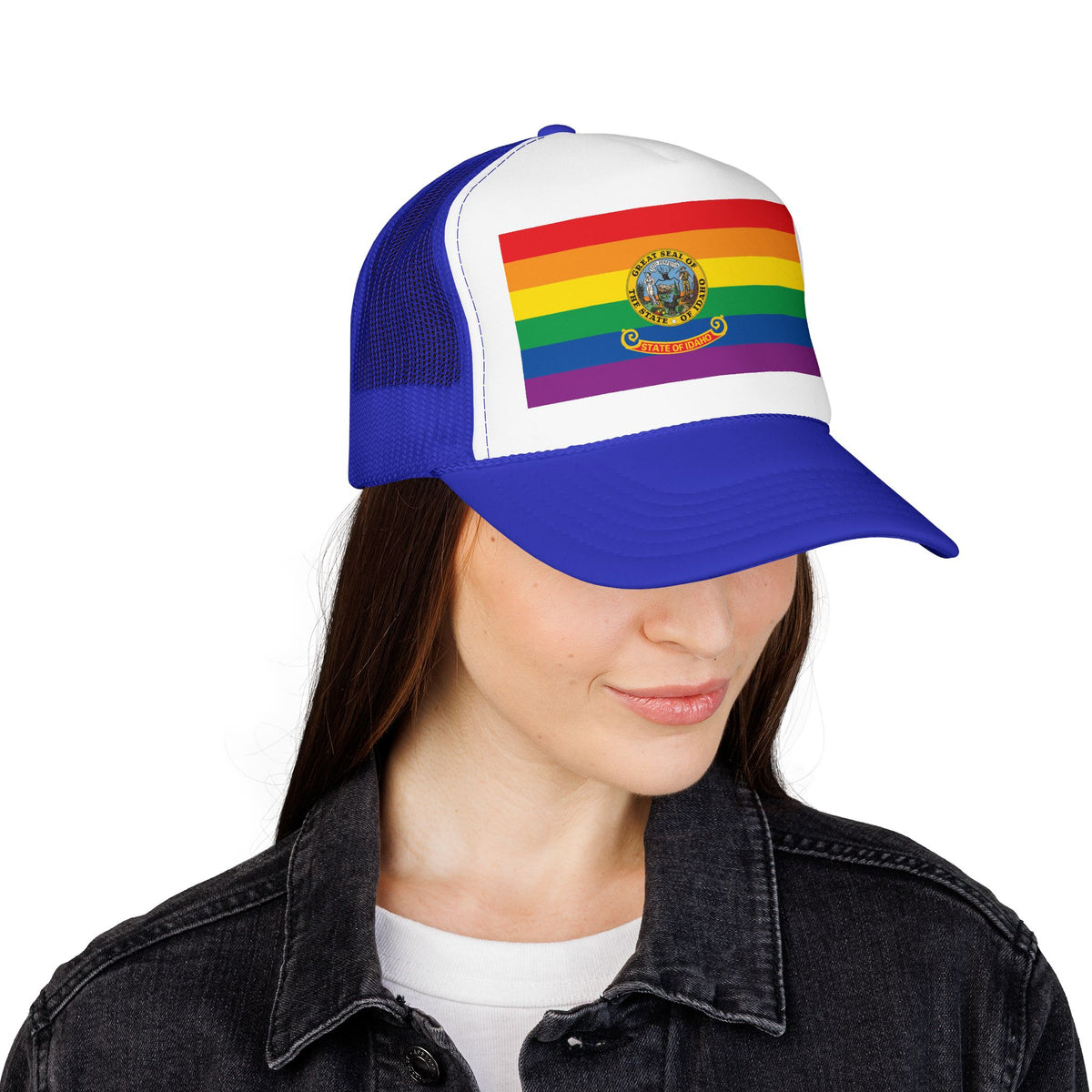 Idaho Rainbow Pride Flag "UNITED" Printed Foam Trucker Hat, Several Color Options