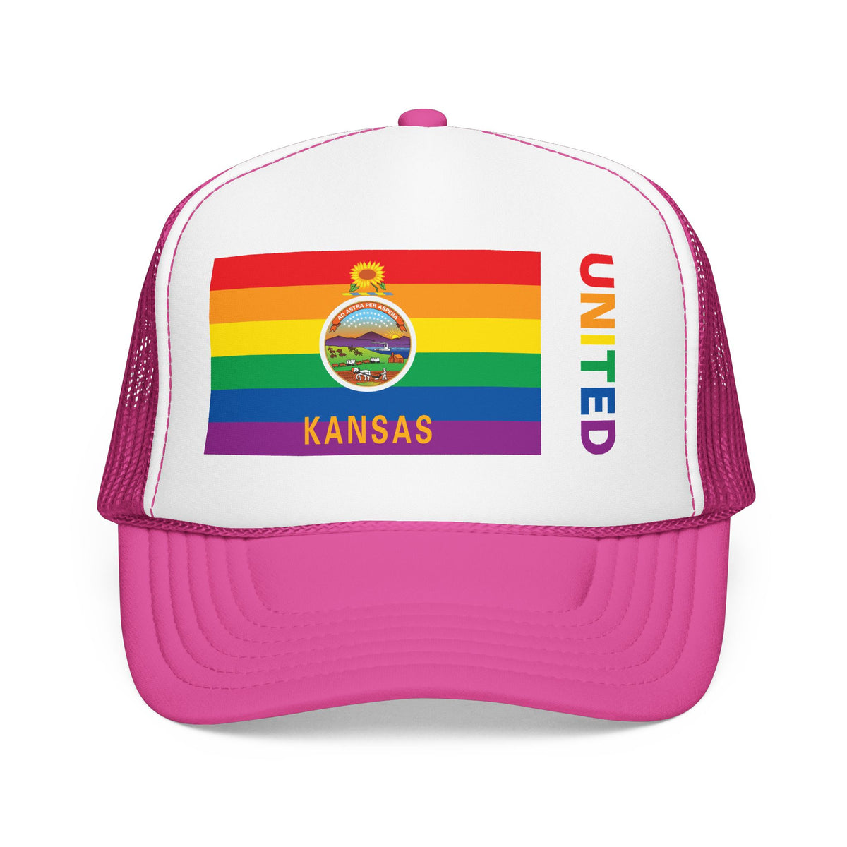 Kansas Rainbow Pride Flag "UNITED" Printed Foam Trucker Hat, Several Color Options