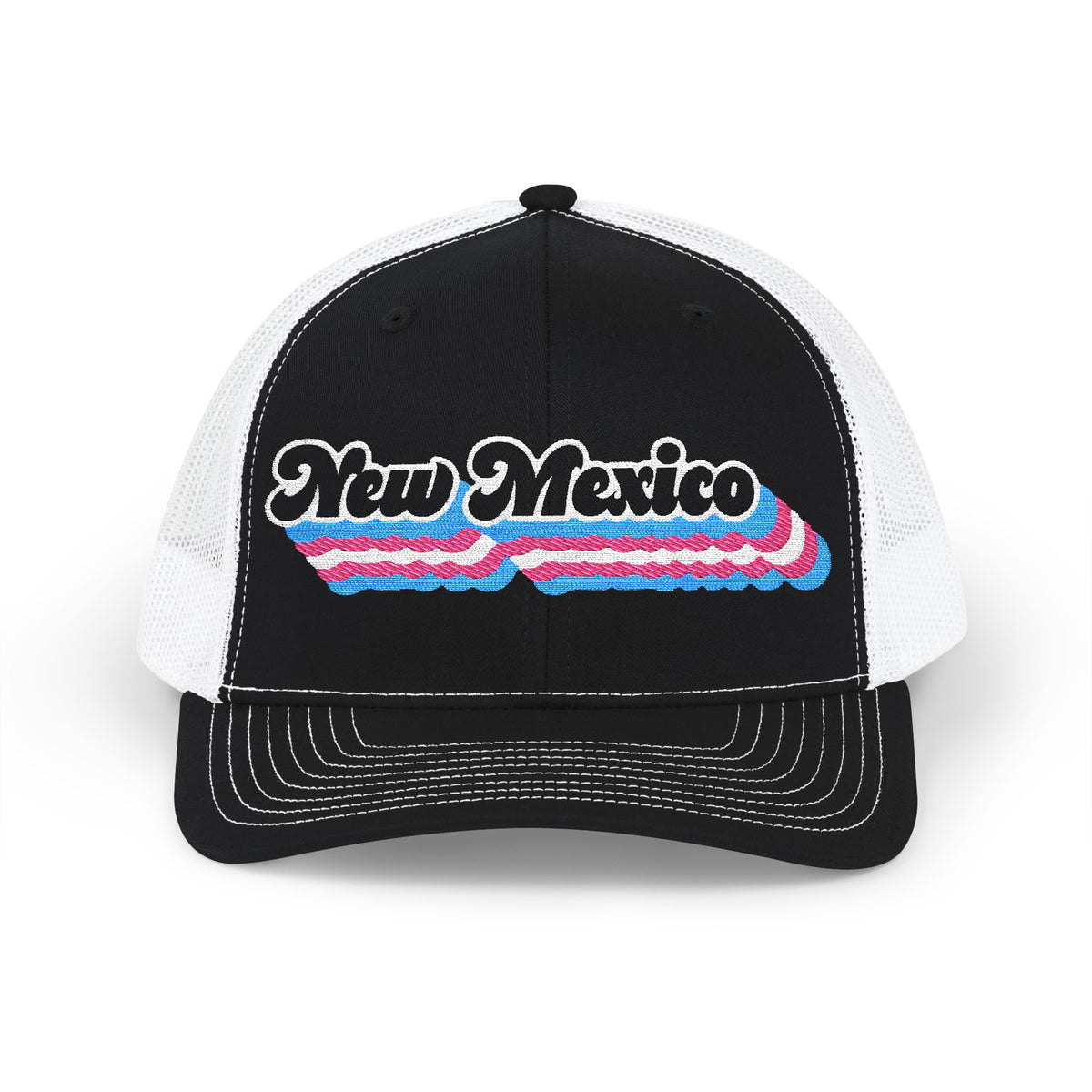 New Mexico Transgender Pride Stack Embroidered Trucker, Snapback Trucker Cap, Black front with White mesh in back
