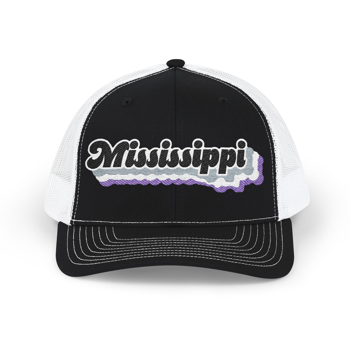 Mississippi Asexual Pride Stack Embroidered Trucker, Snapback Trucker Cap, Black front with White mesh in back