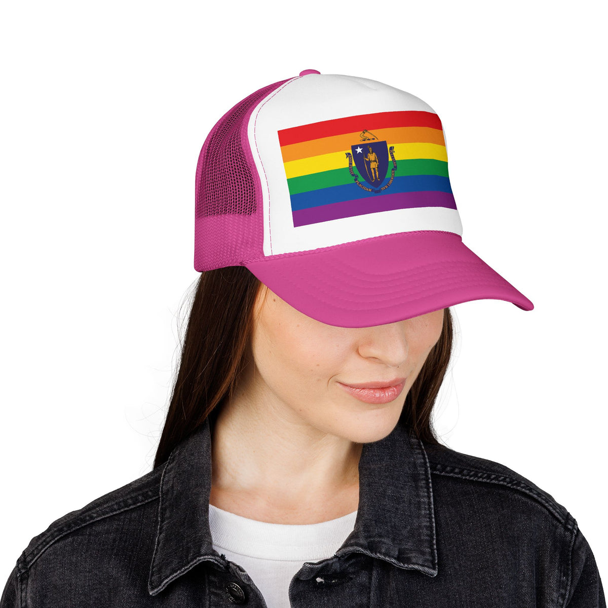 Massachusetts Rainbow Pride Flag "UNITED" Printed Foam Trucker Hat, Several Color Options