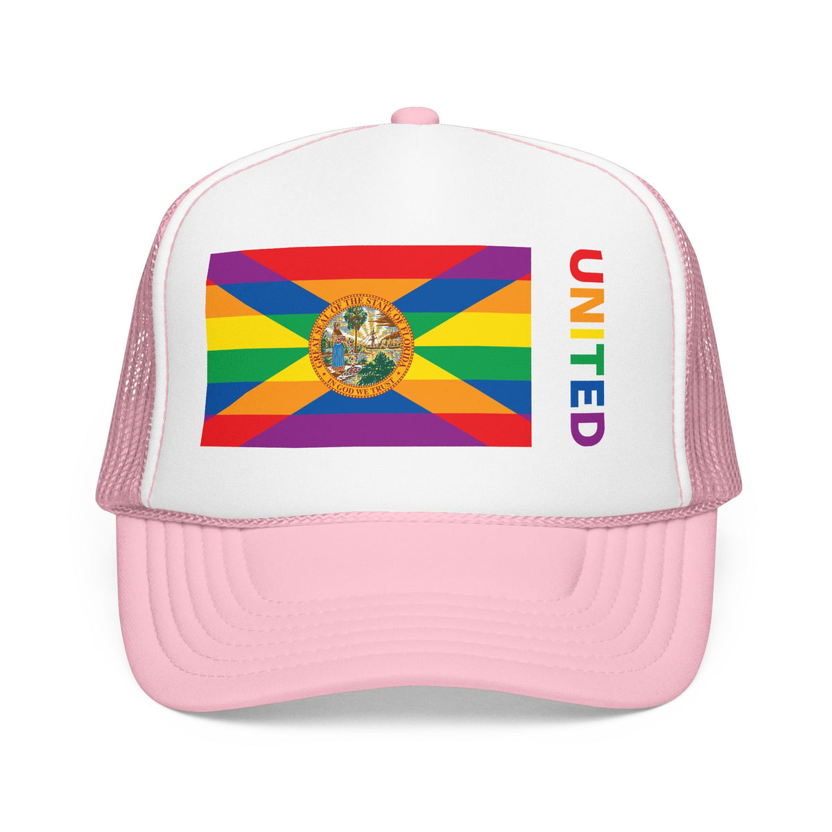 Florida Rainbow Pride Flag "UNITED" Printed Foam Trucker Hat, Several Color Options