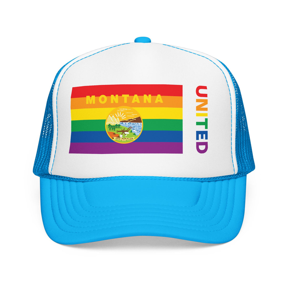 Montana Rainbow Pride Flag "UNITED" Printed Foam Trucker Hat, Several Color Options