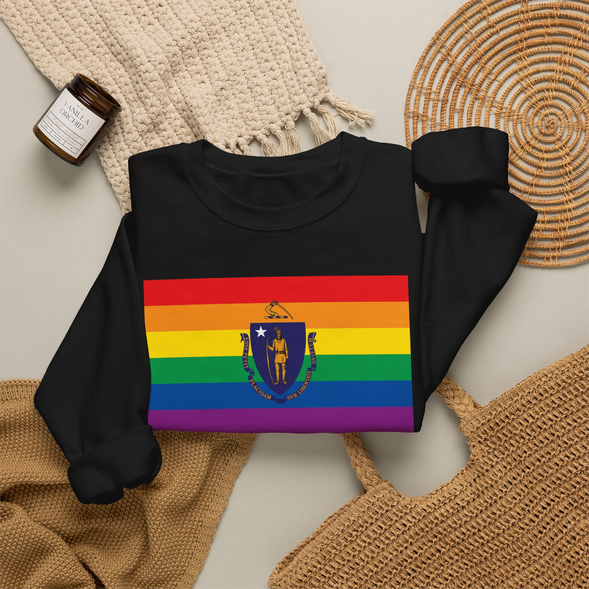 Massachusetts Rainbow Pride Flag Unisex Crewneck Sweatshirt, White, Black or Light Pink