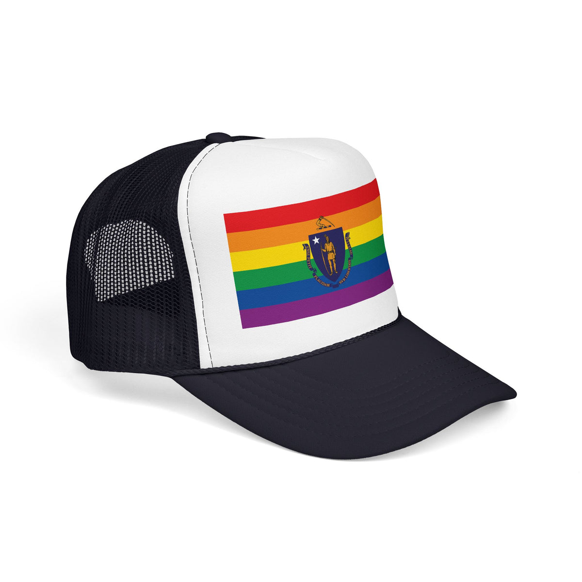 Massachusetts Rainbow Pride Flag "UNITED" Printed Foam Trucker Hat, Several Color Options