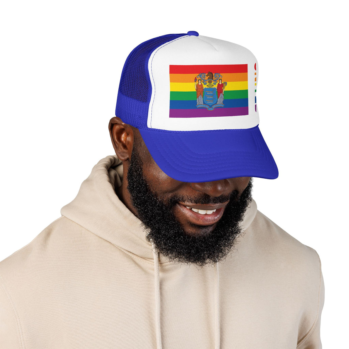New Jersey Rainbow Pride Flag "UNITED" Printed Foam Trucker Hat, Several Color Options