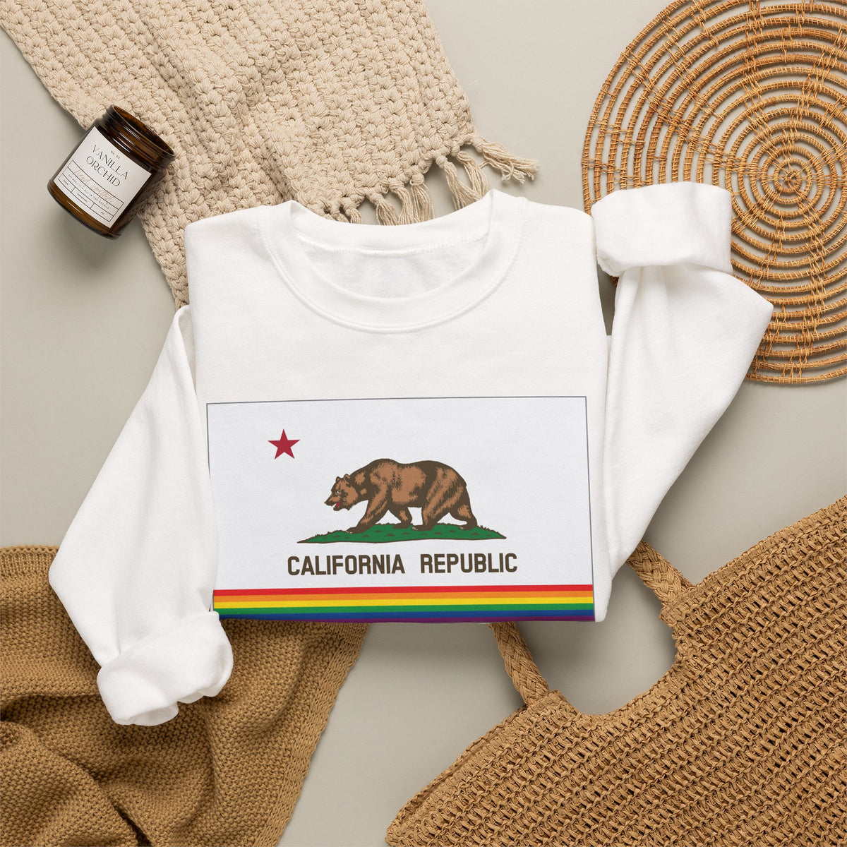 California Rainbow Pride Flag Unisex Crewneck Sweatshirt, White, Black or Light Pink