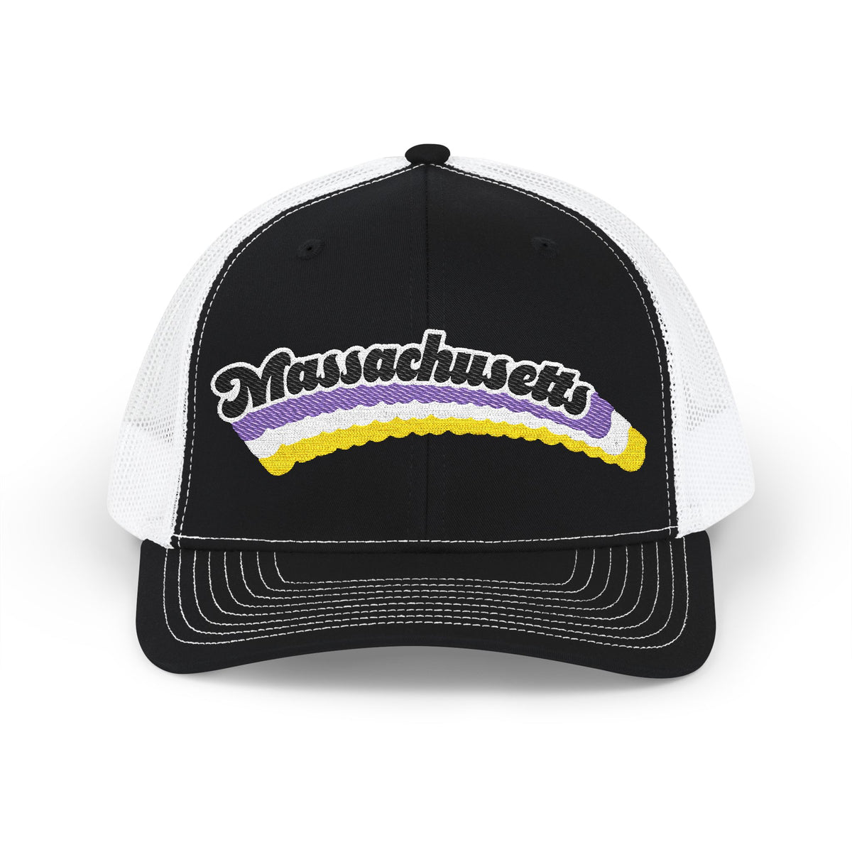Massachusetts Non-binary Pride Stack Embroidered Trucker, Snapback Trucker Cap, Black front with White mesh in back