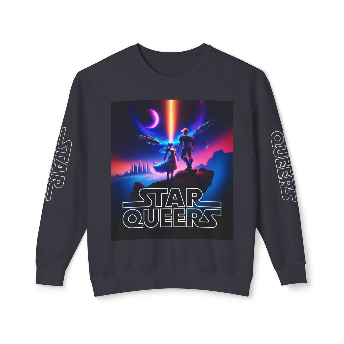 STAR QUEERS Graphic Universal Lightweight Crewneck Sweatshirt - Black and Neon Violet