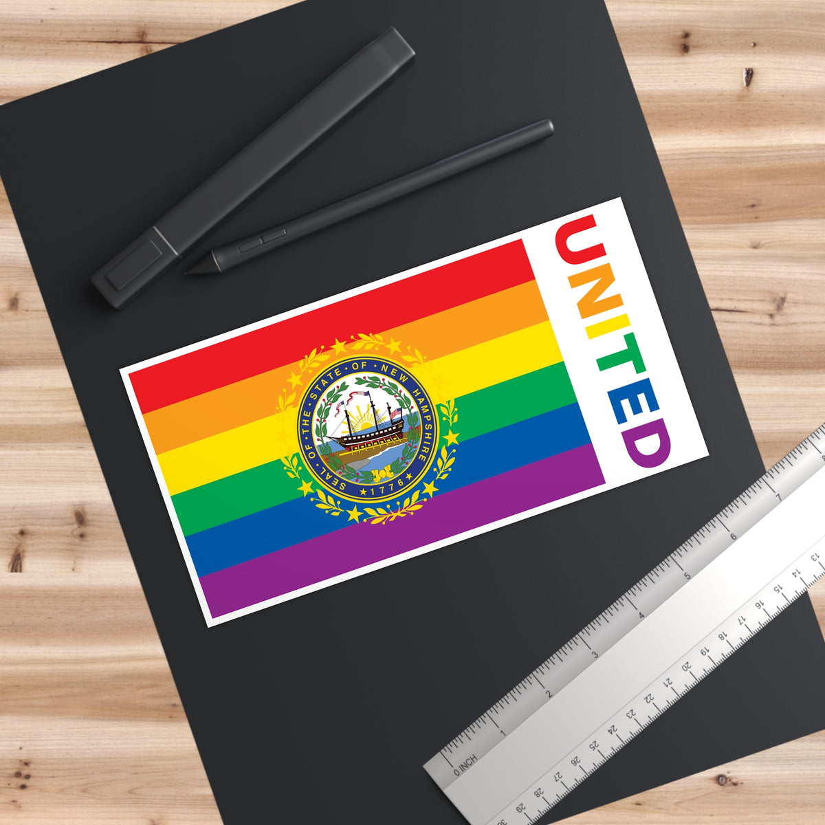 New Hampshire Rainbow Pride Flag "UNITED" Bumper Sticker