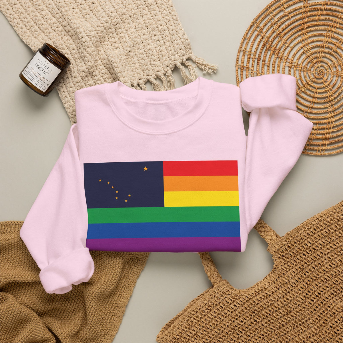 Alaska Rainbow Pride Flag Unisex Crewneck Sweatshirt, White, Black or Light Pink