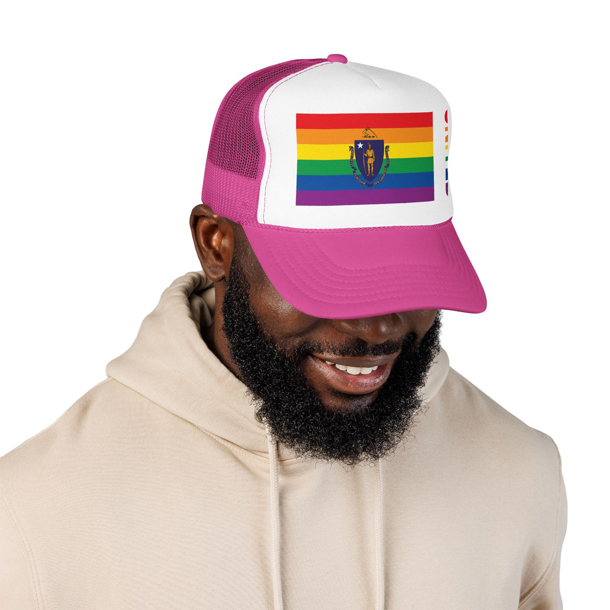 Massachusetts Rainbow Pride Flag "UNITED" Printed Foam Trucker Hat, Several Color Options