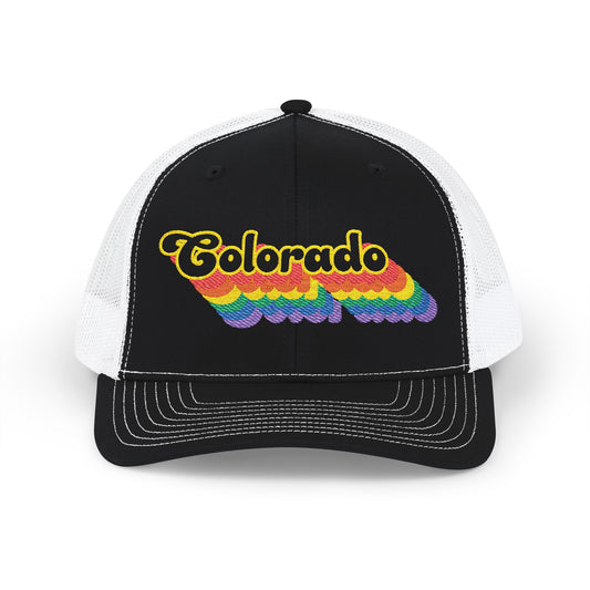 Colorado Retro Rainbow Stack Embroidered Trucker, Snapback Trucker Cap, Black front with White mesh in back