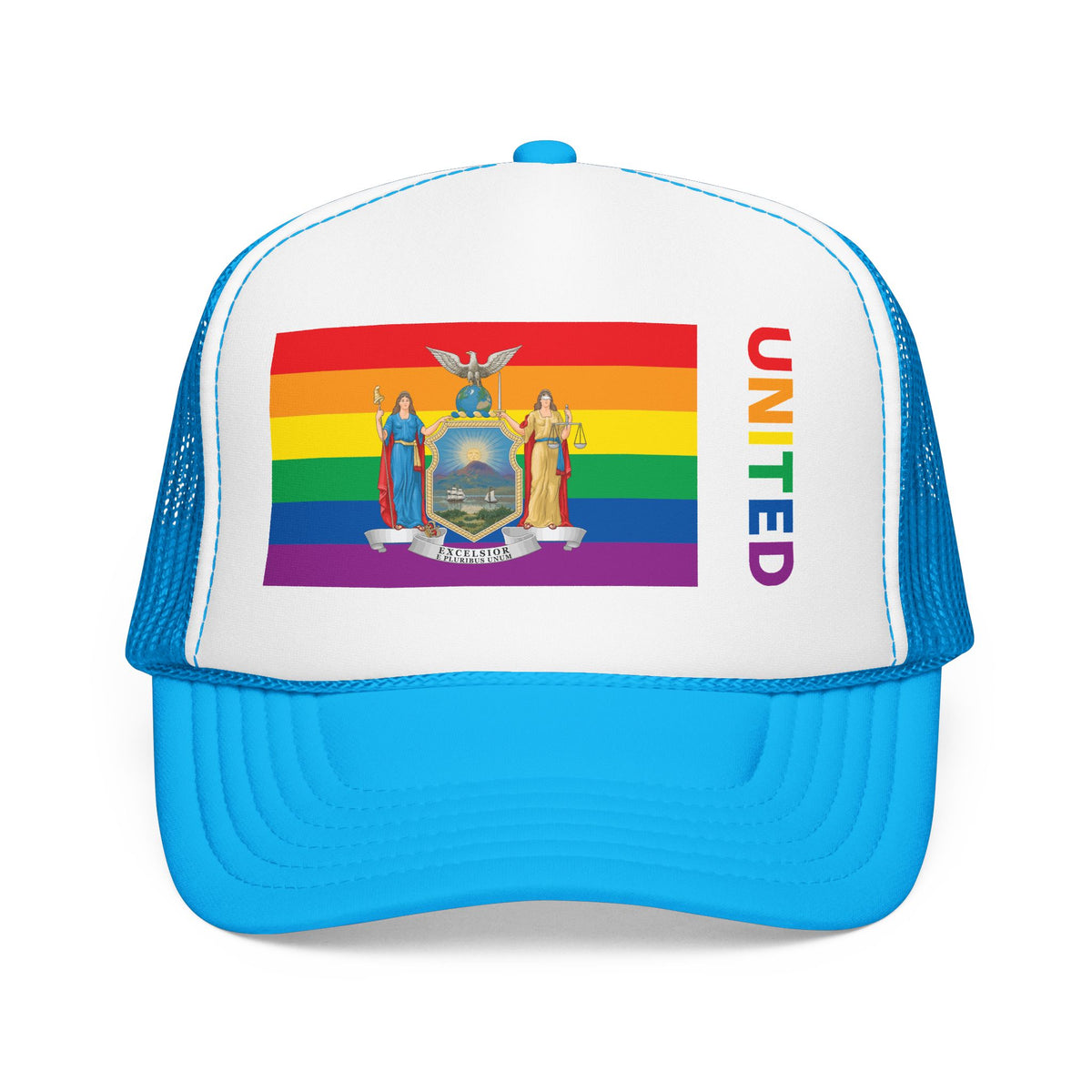 New York Rainbow Pride Flag "UNITED" Printed Foam Trucker Hat, Several Color Options