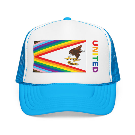 American Samoa Rainbow Pride Flag "UNITED" Printed Foam Trucker Hat, Several Color Options