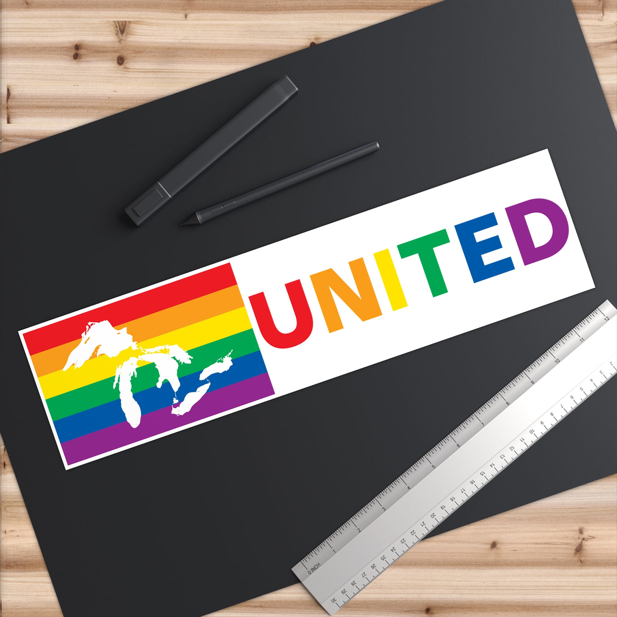 Great Lakes Region Rainbow Pride Flag "UNITED" Bumper Sticker