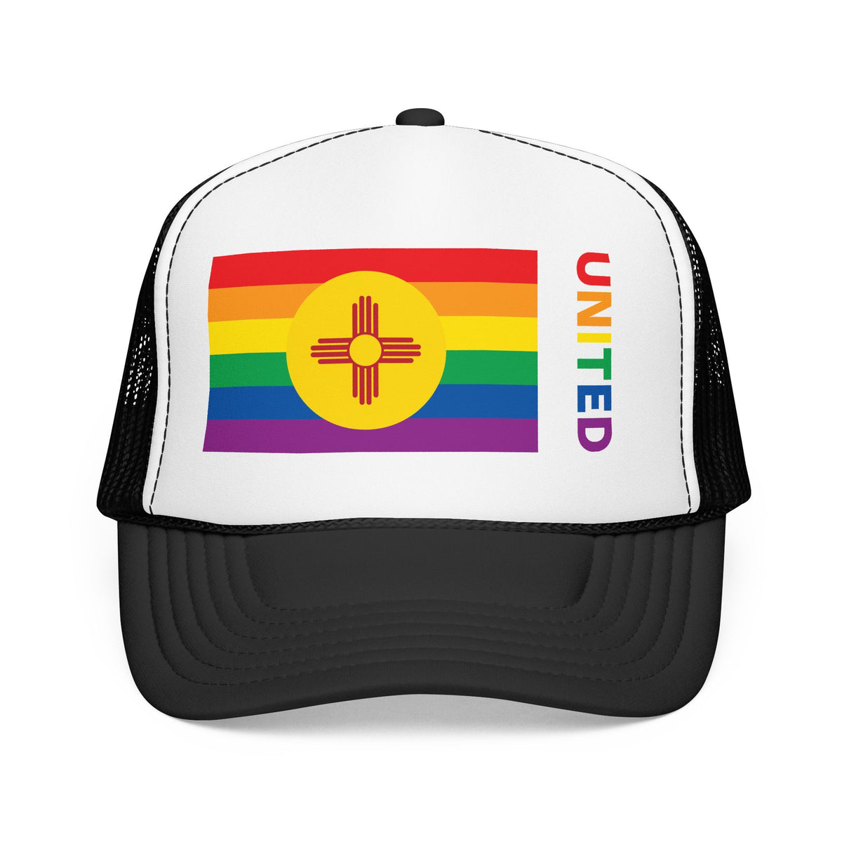New Mexico Rainbow Pride Flag "UNITED" Printed Foam Trucker Hat, Several Color Options