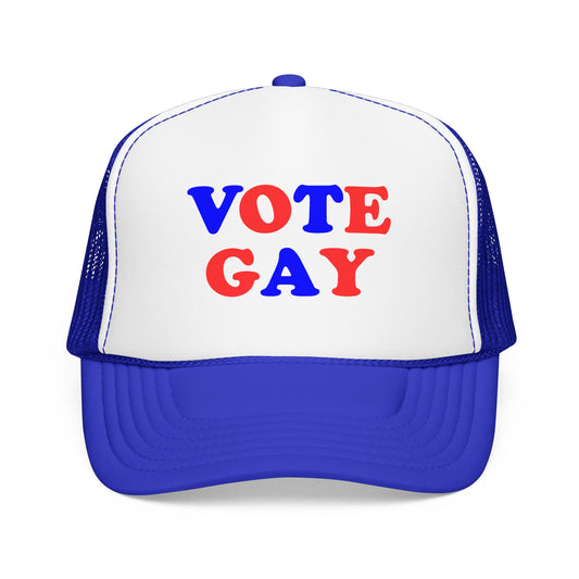 VOTE GAY Trucker Cap: Red, White & Blue, LGBTQIA+ Rights & Equality Statement Hat